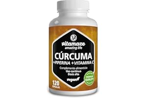 VITAMAZE - AMAZING LIFE Curcuma en Capsulas 1440 mg + Curcumina Piperina y Vitamina C de Alta Dosis, 120 Cápsulas Veganas, 95% Natural Extracto de Pura Curcumina, Suplemento sin Aditivos Innecesarios. Vitamaze®