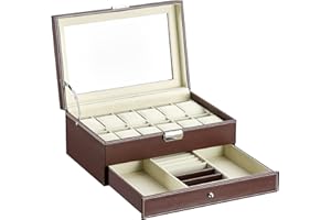 LINGFANSTORE Boîte de Montre en Bois, Support de Boîte de Rangement d'affichage de Montre, Présentoir Coffret Boîte de Stockage pour Bijoux Bracelets et Boutons de Manchette, 30 x 20 x 13 cm (Braun-W79C)