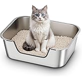 Cat Litter Box Stainless Steel with Low Edges, Litter Box for Older or Injured Cats, Large XXL Cat Litter, Non-Stick, Odorles