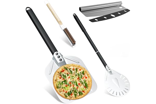 Kit 4 pièces pour pizza, pelles à pizza perforées 30 cm + pelle a pizza Ronde 9’’ en Aluminium + Roulette à pizza professionnelle + Brosse de nettoyage pour four à pizza en Poils en Fibre de Palmier