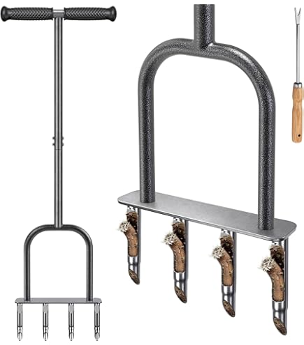 JAOGAUS Gazonbeluchter voor buiten, hoornvormig blad handmatige grasspikes roller met 3-niveau verstelbare telescopische uitneembare metalen handgreep, zwaar uitgevoerde buitentuin gazongereedschap