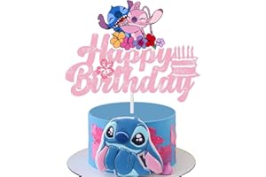 DEREINE Lilo & Stitch Decorazioni Torta Compleanno,Happy Birthday-Cake Topper, Stitch Decorazioni per torte,Topper Torta Compleanno, per Festa di Compleanno, Matrimonio (Rosa)