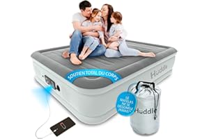 Huddle Never Deflate™ Luxury lit King Size Gonflable, lauréat Good Housekeeping 2025, doté de la Double Pompe SlumberGuard™, fermeté réglable, Pompe intégrée et veilleuse USB.