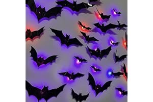 VIKY 36 sztuk lampek LED 3D na Halloween, nietoperz, dekoracja na Halloween, nietoperz, naklejki ścienne w 10 różnych rozmiarach, naklejki dekoracyjne z horroru, nietoperze, dekoracja do wnętrz, akcesoria