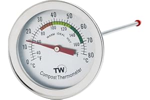 THERMOMETER WORLD Kompostthermometer - Thermometer mit Edelstahl-Zifferblatt für Haus und Hinterhof, Kompostierung. 50 mm Durchmesser C&F Zifferblatt, 295 mm Temperatursonde, Kompostbeschleuniger