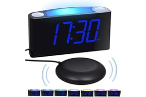MESQOOL Reloj Despertador por Vibración con Agitador de Cama, Pantalla Regulable de 7 '', 7 Luces Nocturnas en Color, 12/24, Configuración de Respaldo de Batería, Type C,Despertador Grande para Dormitorio