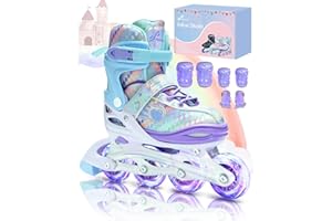 Patines en línea para niños 30 – 41 Ajustables, Sportneer con 6 Protectores, Juego de 8 ledes, Serie arcoíris
