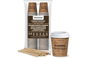 bioexxe® 200 Pz Bicchieri Asporto Caffe di Carta Biodegradabili Tazzine 75ml + 200 Pz Coperchi e Palettine Legno Betulla (set da 200)