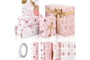 GAOHUI Pink Wrapping Paper, Birthday Wrapping Paper with Tape - Cute Girls Gift Wrap Sheets for Christmas, Mothers Day, Valentine Day, Birthday, Wedding, Baby Shower