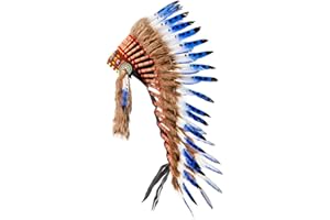 Pink Pineapple Coiffe Indienne en Plumes d'origine Responsable - Warbonnet Style Indiens d’Amérique Fait Main - d’Inspiration amérindienne, Artisanale & éthique - Longueur Moyenne - Bleu Blanc Noir