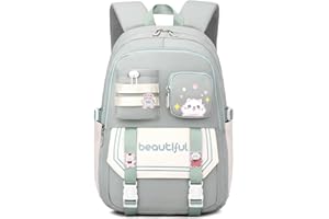 IvyH School Backpack for Girls - Kids Backpack with 3 Cute Badges, 28L Large Capacity Daypack & Travel Rucksack, Waterproof School Bags Ideal for Girls Boys Ages 9 10-16, Green