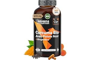 SEVENS NUTRITION Curcuma Bio Gélule Anti Inflammatoire avec Gingembre et Poivre Noir – 1410 mg par Dose – 365 Gélules – Format XL Éco – Complément Articulations Os Vegan Naturel – Sevens