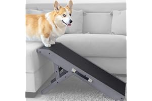 ‎PRIORPET Dog Ramp - Dog Stairs for Small Dogs and Large Dogs - Adjustable 18-53 cm - For Bed, Sofa - Birch Wood - Landing Platform Connects Seamlessly - Dog Ramp Foldable - Non-Slip Insert Grey