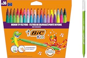 BIC Kids Kid Couleur, Rotuladores Lavables para Niños, Punta Media, Colores Surtidos. Ideales para Actividades Creativas. Estuche de 36 Rotuladores.