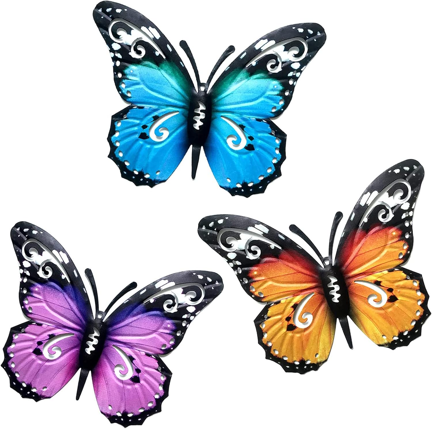 SUNNEKO Large Metal Butterfly Garden Ornaments Outdoor, Metal Wall Art Big Butterfly Decorations for Outside Garden Shed Fences Yard Decorations Wall Hanging (3 PCS)