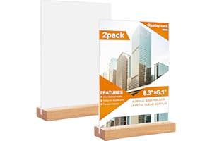 Jortmrd 2 Pièces Présentoir de Table A5 Forme de T avec Base en Bois Supports de Panneau en Acrylique Support pour Menu Double Face Porte Affiche pour Annonces, Photos, Menus, Flyers (21 x 15 cm)