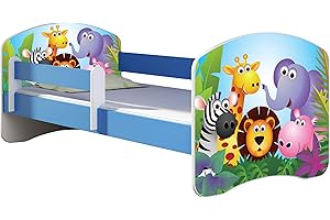 ACMA Letto per Bambino Cameretta per Bambino con Materasso Cassetto II BLU (01 Zoo, 140x70 cm)