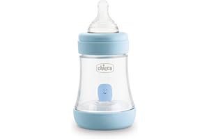 Chicco Perfect 5 Anti-Colic Baby Bottle, Baby Bottle for Newborns with Slow Flow 0+ Months with Soft Silicone Teat, 150 ml Biofunctional Baby Bottle with Intui-Flow System, Blue