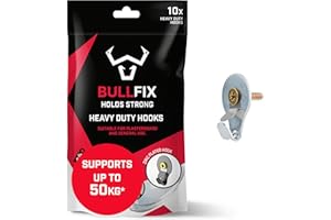 Bullfix Hook, Heavy Duty Picture Hooks, Wall Hooks for Hanging Picture Frames or Canvas onto Masonry Walls, Timber & Plasterboard, Works Universal Plasterboard Fixings Kit for Frame Hangers Pack of 10