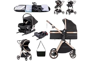Zkiprm Carrito de Bebe 3 en 1,Con Base Isofix y Reclinable Silla de Paseo, Conjunto Plegable Portátil con un solo Toque Carrito Bebe, Sistema de Viaje, Con accesorios, Adaptateurs, 0 y 3 años.