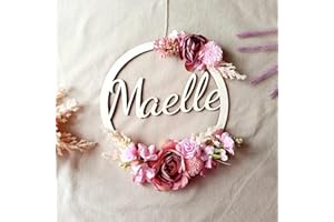 Baby Girl Birth Bow, Personalised Gift Idea, Handmade Wooden Decoration with Flowers for the Bedroom, Baby Shower Gift, Baby Shower Gift, Communion Garland