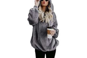 iWoo Hoodie Damen Kapuzenpullover Teddy-Fleece Pullover Herbst Winter Warm Oberteil Langarm Einfarbig Casual Sweatshirt