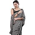 AKHILAM Women's Ajrak Block Print Dola Silk Saree With Unstitched Blouse Piece