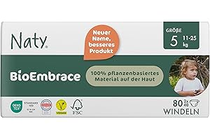 ‎NATY Naty BioEmbrace Baby Windeln Größe 5 (11–25 kg) | 100% pflanzenbasierte Materialien auf der Haut | Atmungsaktive Weichheit, dermatologisch getestet, exzellente Saugkraft | 80 Stück