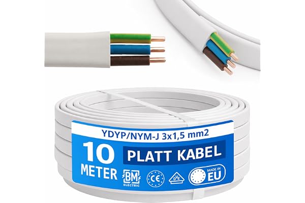 NYM kabel 3 x 1,5 mm² YDYp – strömkabel 3-polig, platt kabel 10 m, 10 x 5 mm, fönstergenomföring, våtrumskabel, massiva kopparledare, 300/500 V