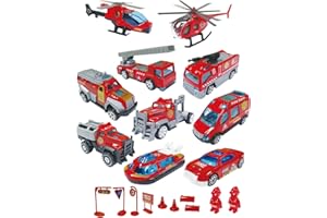 TOYABI Camion Pompieri Giocattolo, 20 PCS Camion Pompieri Kit, 7 Pcs Lega di Zinco Bambini Macchina, 2Pcs Elicottero Vigili del Fuoco Giocattolo, Natale Regalo per bambini di 3 4 5 6 7 anni