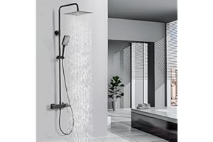 DETBOM Columna Ducha Termostática, Set de Ducha Cuadrado Acero Inox, Cabezal de Ducha de Lluvia, Barra Ducha de Altura Ajustable, Negro Mate