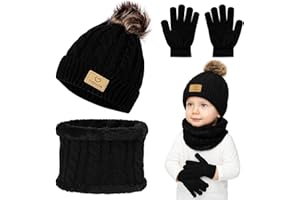 Winmany 3PCS Niños Invierno Gorros Guantes Bufanda Conjunto Niño Polar Cuello Calentador Gorro con Pom Conjunto de Mitones de Punto para Niña Niño