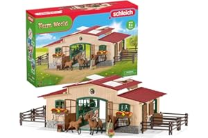 SCHLEICH Farm World | Pferdestall mit Pferden und Zubehör 42195 | Set inkl. Stall, 2 Pferden, beweglicher Mädchenfigur und Zubehör | Bauernhof Spielzeug ab 3 Jahre | 96 Teile | exklusiv bei Amazon
