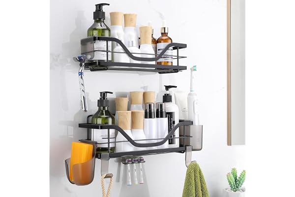 OETAMS Etagere Douche 2 Pièces Auto-AdhéSif Rangement Douche Sans Percage Etagere Murale Porte Shampoing Ddouche Inox Avec Noir