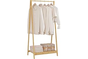 eSituro Portemanteau en Bambou, Portant à Vêtements avec 2 Étagères de Rangement, Tringle à Vêtements pour Éntrée,Porte-manteau avec Porte-Chaussures SGR0018