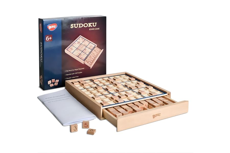 BOHS Wooden Sudoku Board Game with Drawer - with Book of 100 Sudoku Puzzles - Brain Teaser Desktop Toys