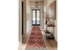 ‎DEFYNEE DEFYNEE Teppich Läufer Flur 60 x 300 cm, rutschfest Küchenläufer, Kurzflor Teppichläufer, Waschbar, Faltbar, Boho Design – für Flur, Küche, Wohnzimmer & Büro, Rot