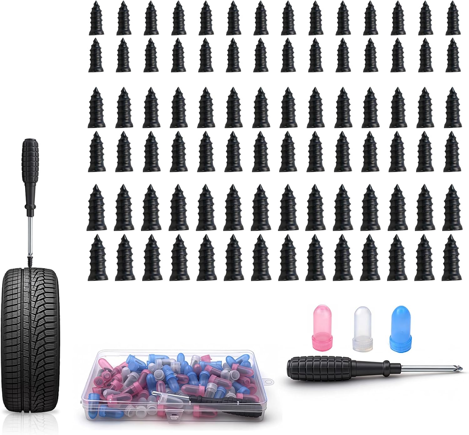85 Piezas Repara Pinchazos Coche Kit Antipinchazos Coche + Destornillador con 3 Tamaños de Clavo de Goma para Neumáticos para Automóvil Motocicleta Camión Tractor(28S+28M+28L)