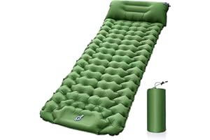 Sadodo Self Inflating 𝗦𝗹𝗲𝗲𝗽𝗶𝗻𝗴 𝗠𝗮𝘁 𝗔𝗶𝗿 𝗕𝗲𝗱,Inflatable 𝗖𝗮𝗺𝗽𝗶𝗻𝗴 𝗠𝗮𝘁𝘁𝗿𝗲𝘀𝘀,Travel Mat,Outdoors With pillow,Built-in Foot Pump (Single -Green)