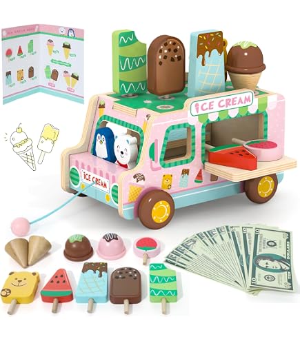 GOPLUS Jouet d'imitation - Marchande - Chariot à Glaces pour Enfants en Bois avec Roues et Accessoires, Rose - Jeux - Jouets