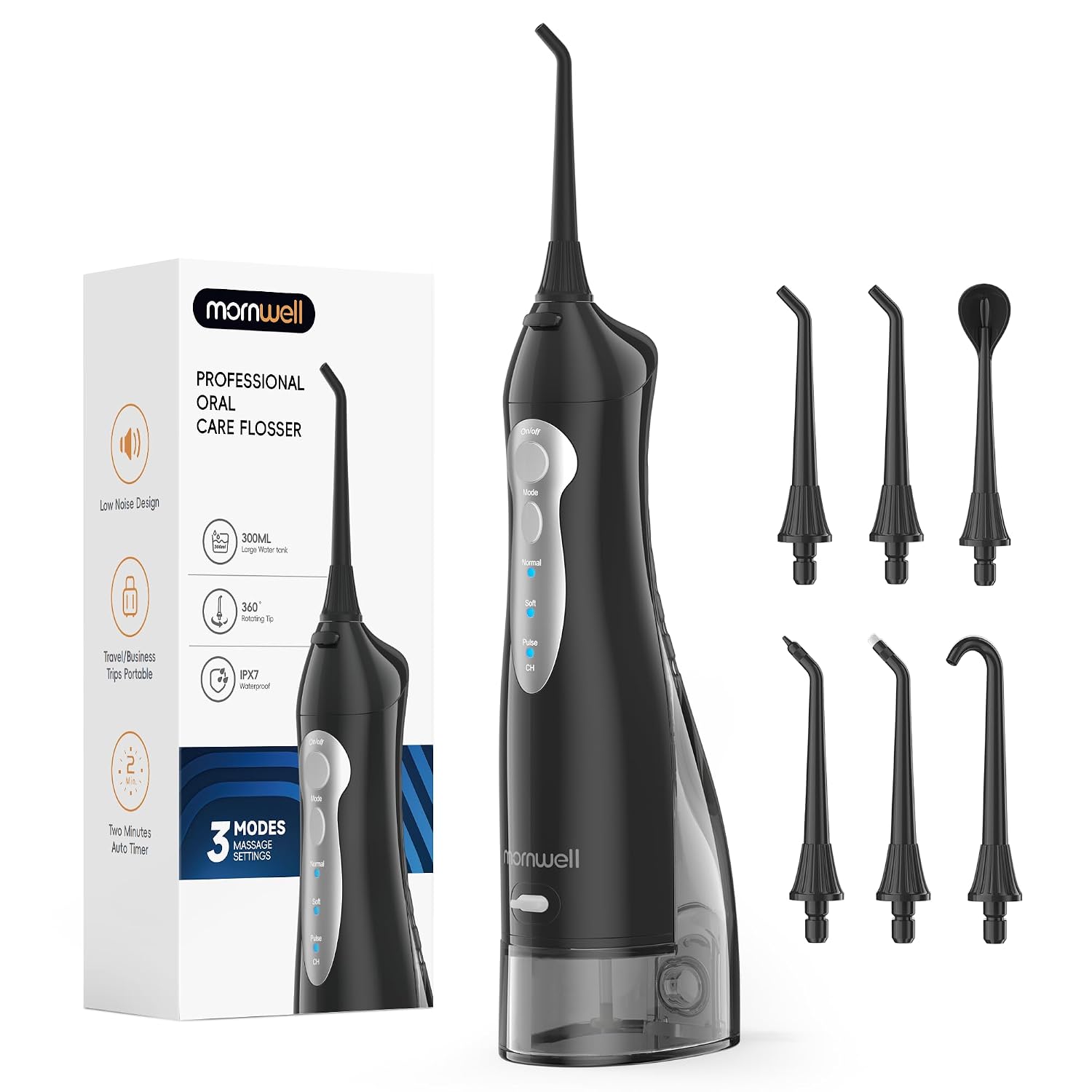 Mornwell Draadloze monddouche 330 ml - Elektrische interdentale reiniger - 3 modi en 4 sproeiers - IPX7 - Waterdicht en oplaadbaar via USB - Voor reizen en thuis | Orale monddouche, oplaadbaar, draagbaar, 6 sproeiers, waterstraal 1400 pulsen/min, IPX7 waterdicht, tandvleesverzorging voor