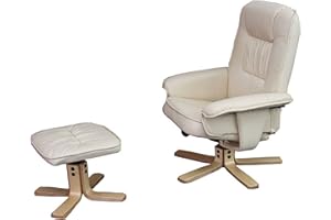 Mendler Relaxsessel M56, Fernsehsessel TV-Sessel mit Hocker Ottomane, Kunstleder Eukalyptus Holz - Creme