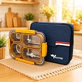 Valkyrie 304 Paslanmaz &Ccedil;elik 4 B&ouml;lmeli Sarı Lunch Box Termal &Ccedil;antalı &ndash; Sızdırmaz Beslenme Kabı, &Ccedil;atal Kaşık Dahil