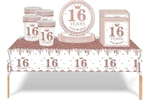 RONGZUBAT 53Pcs Rose Gold 16th Birthday Party Tableware Decorations, Table Cloth Plates Napkins Cups Sets for Her Girls Birthday Table Decorations Gifts Dinnerware Supplies