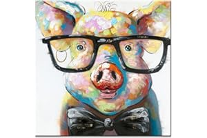 Fokenzary handbemalt Cute Pig mit Brille Pop Art Wand Leinwand Gemälde gerahmt fertig zum Aufhngen 24x24in