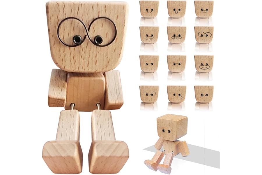 Feibety Shaking Wooden Man Figurine,Handmade Wooden Dashboard Ornament with 12 Magnetic Funny Expressions, Car Dashboard Accessories & Desk Decor, Creative Gift for Drivers,Friends and Office Fun