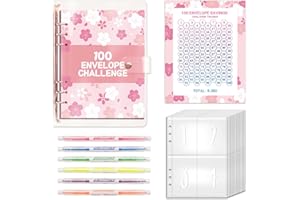 ROSYLEVE 100 Envelope Saving Challenge mit 6pcsTextmarkermit mit zwei Spitzen,Budgetplaner und Sparmappe für Geld, A5 Ringbuch die Challenge zu meistern und in 100 Tagen 5.050 $ zu sparen Rosa