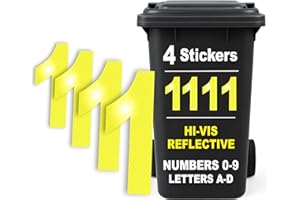 Rubigo 4PK Hi Vis Bin Numbers for Wheelie Bins – 0-9, Letters A-D, 17cm Reflective Dustbin Stickers – Easy Application Neon Yellow Stick On Number Stickers - Weatherproof Self Adhesive Vinyl (1)