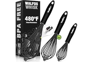 Walfos Trzepaczka silikonowa, zestaw trzepaczki drucianej ze stali nierdzewnej 3 - Trzepaczki kuchenne do naczyń nieprzywierających, idealne do mieszania, ubijania, bicia, spieniania, czarne