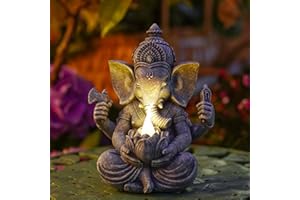 GOODECO Ganesh Elephant Statue with solar lights，Hindu Ganesh Buddha Figurine, Indian Lord Ganesh Statue, Home Temple Mandir Meditation Yoga Room Decor